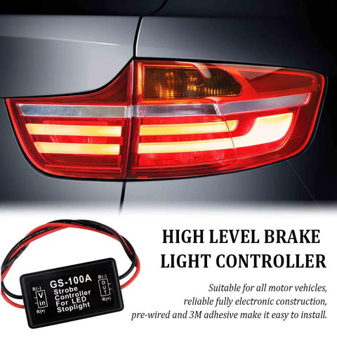 Universal 6V-30V LED Brake Light Flasher Module With Prewired Harness Pulsing Strobe Controller next to vehicle brake light