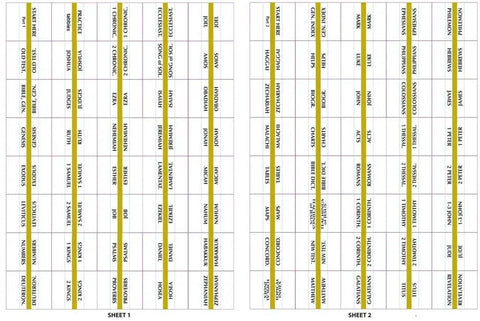 Top Shelf Gold Edge Bible Indexing Tabs For Old And New Testament Study With Eighty Slick Self Adhesive Markers and Fold Tips For No Hassle Scripture Navigation In Standard Size Holy Journals, showing sheets with book names.