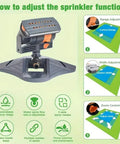 16 Nozzle Oscillating Sprinkler With Dual Zone Water Timer And Automatic Rocking Motion For Lawn, Yard, And Garden Watering, Adjustable Spray Pattern, Distance, And Water Volume adjustment guide.