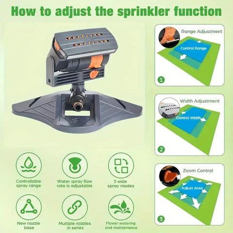 16 Nozzle Oscillating Sprinkler With Dual Zone Water Timer And Automatic Rocking Motion For Lawn, Yard, And Garden Watering, Adjustable Spray Pattern, Distance, And Water Volume adjustment guide.