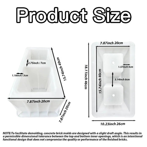 Diagram of Concrete Hollow Brick Mold for DIY Garden Walls and Borders with dimensions, showing durable ABS plastic material.