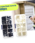 300 Pcs Nylon Spacers Nuts And Screws Assortment Kit In Black And White With Plastic Storage Box For Electronics DIY Projects Easy To Install Durable Nylon Spacers And Nuts And Screws, shown in two cases