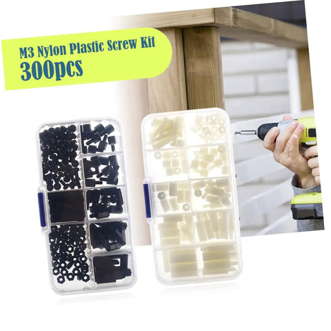 300 Pcs Nylon Spacers Nuts And Screws Assortment Kit In Black And White With Plastic Storage Box For Electronics DIY Projects Easy To Install Durable Nylon Spacers And Nuts And Screws, shown in two cases