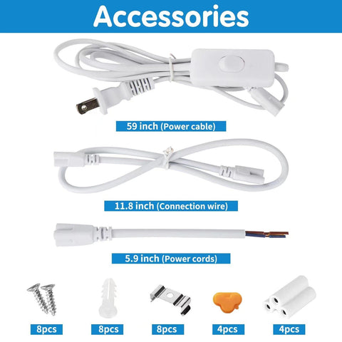 Accessories for LED Shop Light 2ft 25W 6500K Daylight LED Shop Fixtures, including cables, screws, and connectors, shown on a blue background.