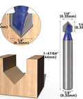 Yakamoz router bit set with 1/4 in shank, 90-degree V-groove; diameters from 1/4 to 1/2 in; wood sign carving example