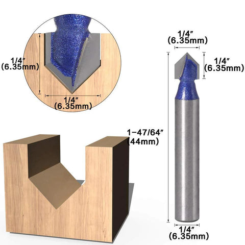Yakamoz router bit set with 1/4 in shank, 90-degree V-groove; diameters from 1/4 to 1/2 in; wood sign carving example