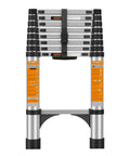 12.5 Ft Telescoping A Frame Ladder for Home Roof and RV Use, Heavy Duty Go To Step Ladder With EN131 Safety Certification, Supports Up To 330 Lbs, 20cm Inner Tube Overlap, Wide Non Slip Feet, Rock Solid Stability, folded silver aluminum ladder