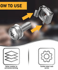 Tough As Nails Rack Mount Screws And Cage Nuts Kit For Server Cabinets featuring a carbon steel rack screw and nylon washer.