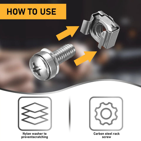 Tough As Nails Rack Mount Screws And Cage Nuts Kit For Server Cabinets featuring a carbon steel rack screw and nylon washer.