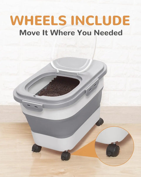 Dog Food Storage Container With Collapsible Body Attachable Casters And Scoop Plus Travel Silicone Bowl Keeps Dry Food Fresh