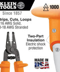 Insulated Wire Stripper And Cutter For 10-18 AWG Solid Wire 1000V Rated, Spring Loaded, Narrow Head, Self Opening, Made In USA