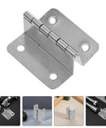 Close-up of Stainless Steel Cabinet Door Hinges 8 Pack With Four Fold Four Hole Design Right Angle Piano Hinges for cabinet install.