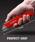 Close-up of hand holding Beefy Heavy Duty Aluminum Box Cutter Knife Set, 5.7-inch red retractable utility knife with ergonomic handle.