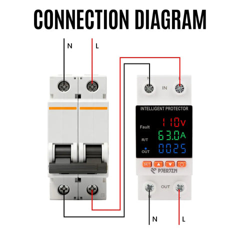 Connection diagram of Adjustable Over And Under Voltage Protector Smart Circuit Breaker 110 To 230 Volt Ac 2P 63A.