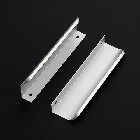 10 Pack Finger Pulls for Cabinets and Drawers 128mm Center Hole 150mm Length Silver Zinc Alloy Edge Pulls top view on black background