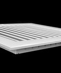 Aluminum Return Grille for Duct Opening 26 by 8 Inches with Outer Dimensions 27.875 by 9.875 Inches, Linear Bar Design, angled view.