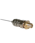 Close-up of one nitrogen needle valve for shocks, with Schrader valve; metal brass and chrome finish.