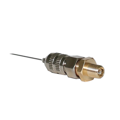 Close-up of one nitrogen needle valve for shocks, with Schrader valve; metal brass and chrome finish.
