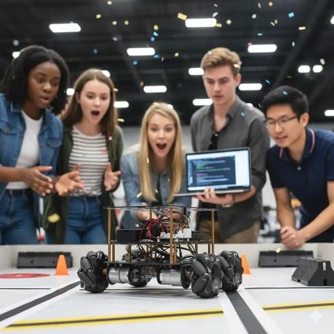 Group of people observing FlexiRover Robot Car Kit For Arduino Mega2560 with WiFi Expansion Board and Mecanum Wheels in action