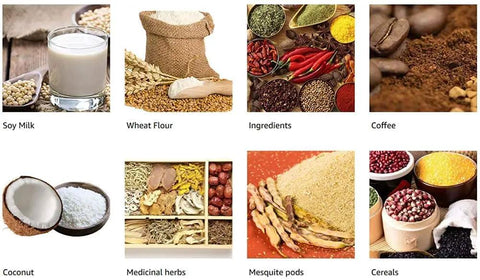 Collage of grains, herbs, and powdered ingredients demonstrating use with 2200W Heavy Duty Electric Mill Grinder For Commercial Use.