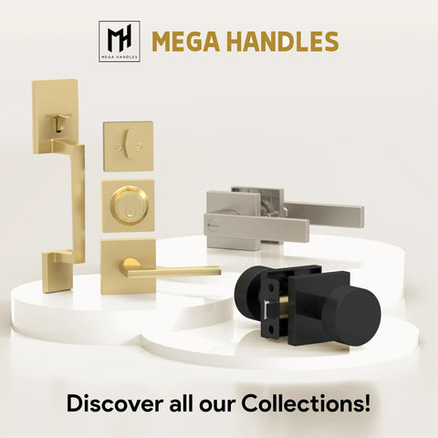 Mega Handles lock and handle collection display in brass and black finishes on white stand.