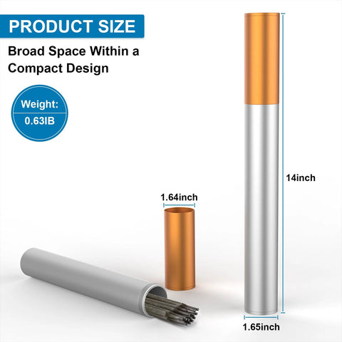 Welding rod storage tube, 14-inch metal canister with orange cap and silver body, stores welding rods.