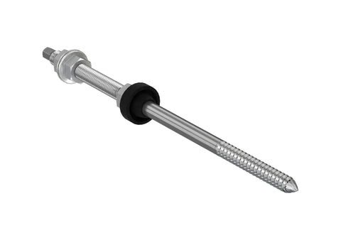 Top Shelf Solar Panel Roof Mounting Hardware With 250Mm Double Thread Screws And M10 Stainless Steel Fasteners providing a detailed view of a stainless steel screw with EPDM seal.