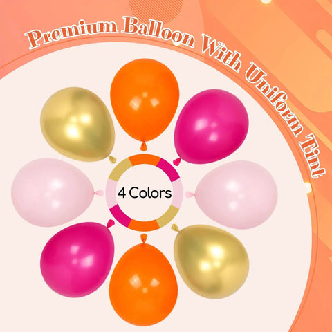Hot Pink And Orange Balloon Arch Kit With Metallic Gold Confetti Balloons in pastel pink and orange colors, 4-color set