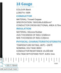 Diagram showing specifications for 18 Gauge Silicone Wire Spool 100 Ft Black with measurements and material details.