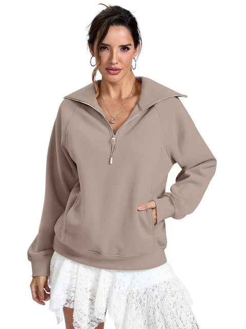 Oversized Fleece Lined Half Zip Sweatshirt With Pocket For Cozy Warmth And Comfort, Long Sleeve Pullover Ideal For Winter Outfits