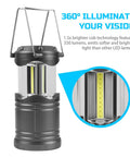 Lichamp LED camping lantern, gray with black base, battery-powered with metal hanging handle; COB LED strip shown.