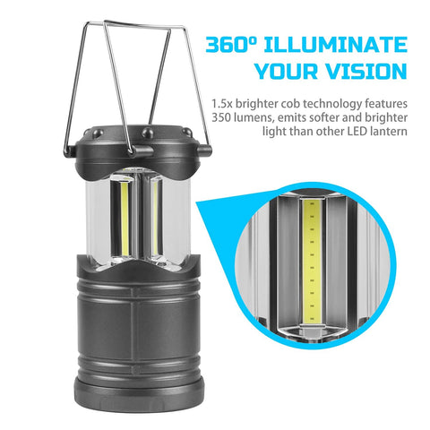 Lichamp LED camping lantern, gray with black base, battery-powered with metal hanging handle; COB LED strip shown.