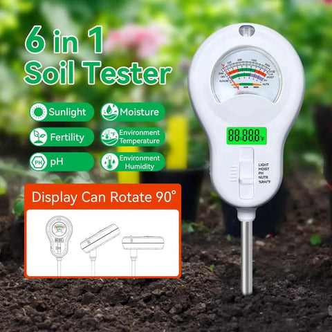 All In One Garden Sensor With Removable Probe For Soil Moisture And PH Testing Plus Fertility, Sunlight Intensity, Temperature And Humidity Readouts For Gardens, Lawns And Farms AAA Battery Included with rotating display in garden soil