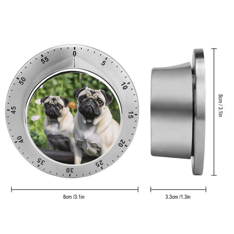 Countdown Timer With Rotating Dial Multi Functional Timekeeper featuring dog print, stainless steel, front and side view, 8cm size.