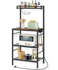 Rustic Brown And Black Bakers Rack With Storage And Microwave Stand, Paper Holder, Power Outlet, Coffee Bar Station, Six Hooks