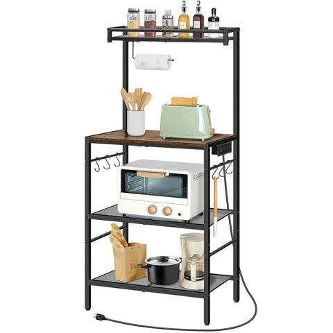 Rustic Brown And Black Bakers Rack With Storage And Microwave Stand, Paper Holder, Power Outlet, Coffee Bar Station, Six Hooks