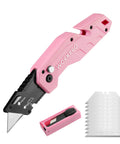 WorkPro pink folding utility knife with quick-change blade, includes 10 extra blades