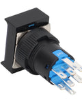 Thinking Process: black 24V push button switch with metal terminals and plastic housing, angled side view