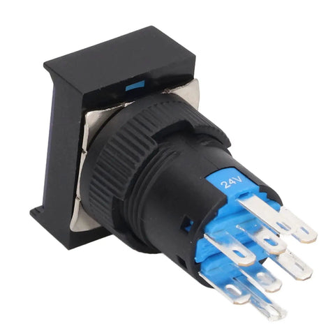 Thinking Process: black 24V push button switch with metal terminals and plastic housing, angled side view