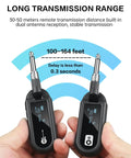 Hands holding UHF Wireless Guitar System With Rechargeable Transmitter And Receiver, 20 Channel Band, showing transmission range.