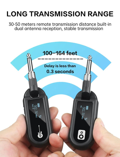 Hands holding UHF Wireless Guitar System With Rechargeable Transmitter And Receiver, 20 Channel Band, showing transmission range.