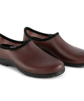 Mens Heavy Duty Waterproof Slip On Shoes For Outdoor Work And Garden Rain Featuring A Built Tough Comfort Support Insole With Durable Leather Print Upper For A Good As Gold Ride in brown leather.