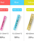 Heat shrink butt connectors: red 0.5–1.5mm², blue 1.5–2.5mm², yellow 4–6mm²; 90/90/20 pcs for automotive/marine wiring