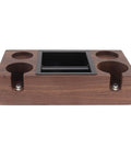 Legit Premium Walnut Wood Coffee Tamping Station with stainless steel knock box and holder for cups, organized setup.