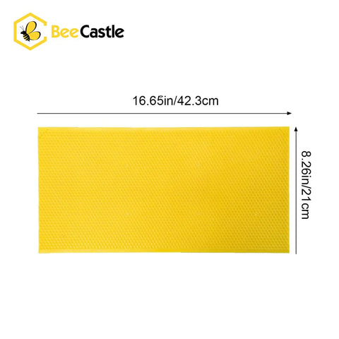 Yellow Beeswax Coated Beehive Foundation Sheet For Deep Beehive Frames, 16.65x8.26in, shown with dimensions marked