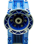 Front view of Beefy Torque MRV090 Worm Gear Speed Reducer 100 To 1, 56C Mount, Hollow Shaft, blue aluminum housing