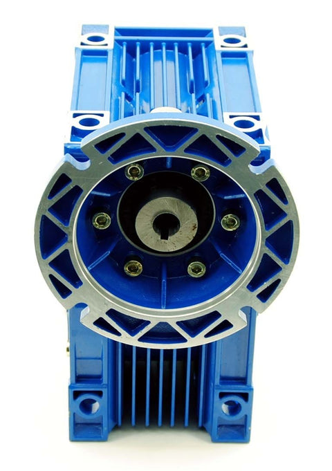 Front view of Beefy Torque MRV090 Worm Gear Speed Reducer 100 To 1, 56C Mount, Hollow Shaft, blue aluminum housing