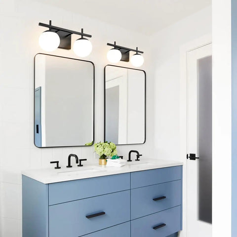 Two Light Black Vanity Light Fixtures With White Frosted Glass Globes Modern Mid Century Wall Sconces For Bathroom Over Double Mirrors