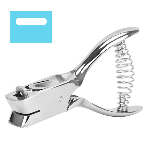 Tough As Nails Heavy Duty Handheld Hole Punch for ID cards and PVC, zinc alloy, sharp blade, spring action, oval slot design for clean holes.