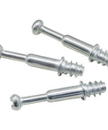 Close-up of three M6 x 35mm cam bolts for furniture assembly, heavy duty iron connectors with galvanized finish, rust resistant hardware.